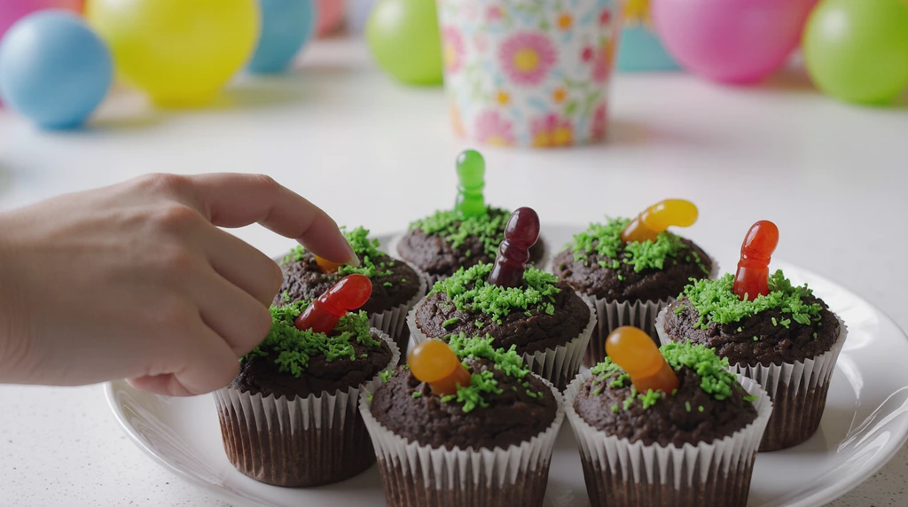 dirt cupcakes with gummy worms