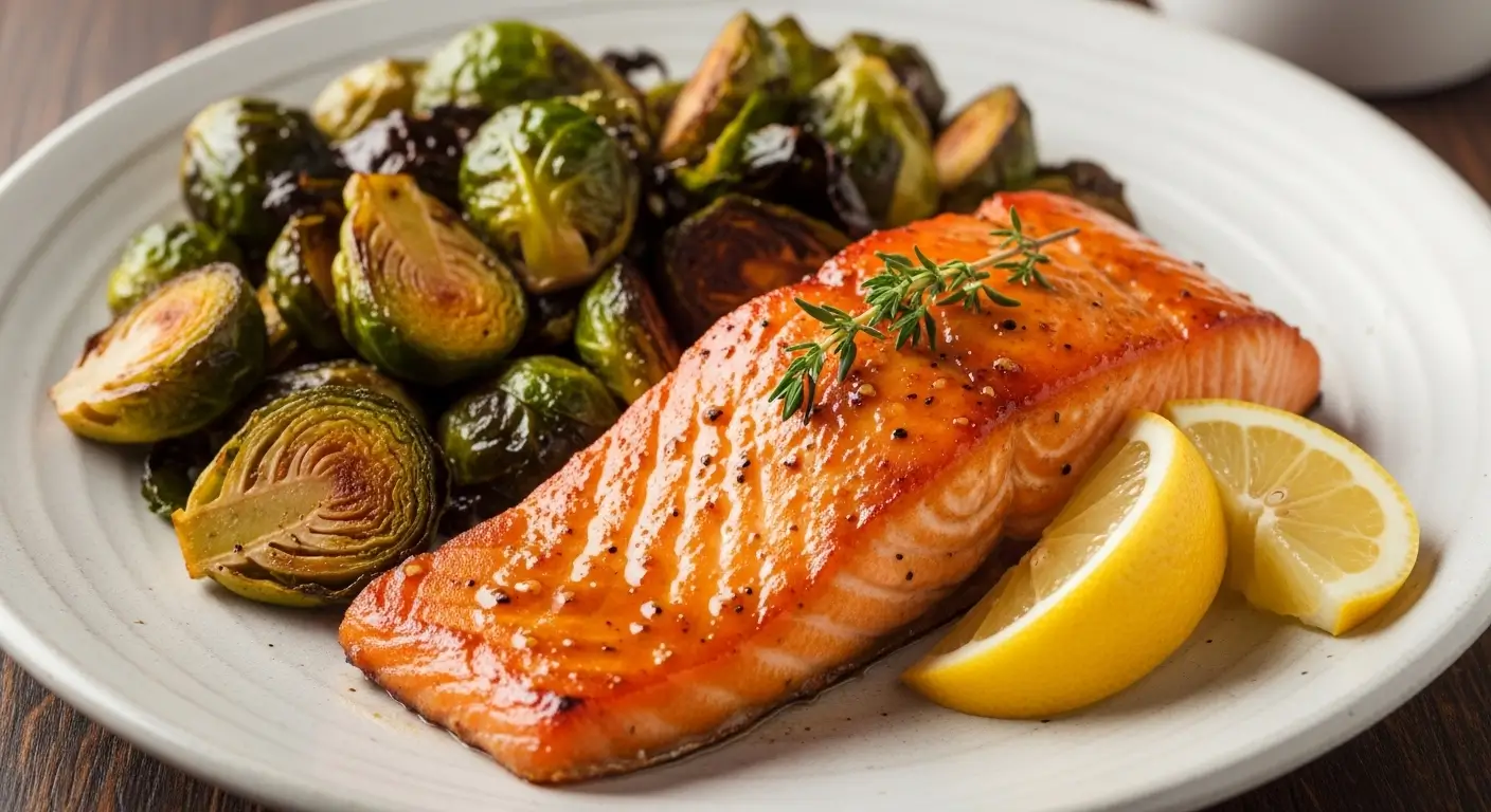 maple glazed salmon with roasted Brussels sprouts