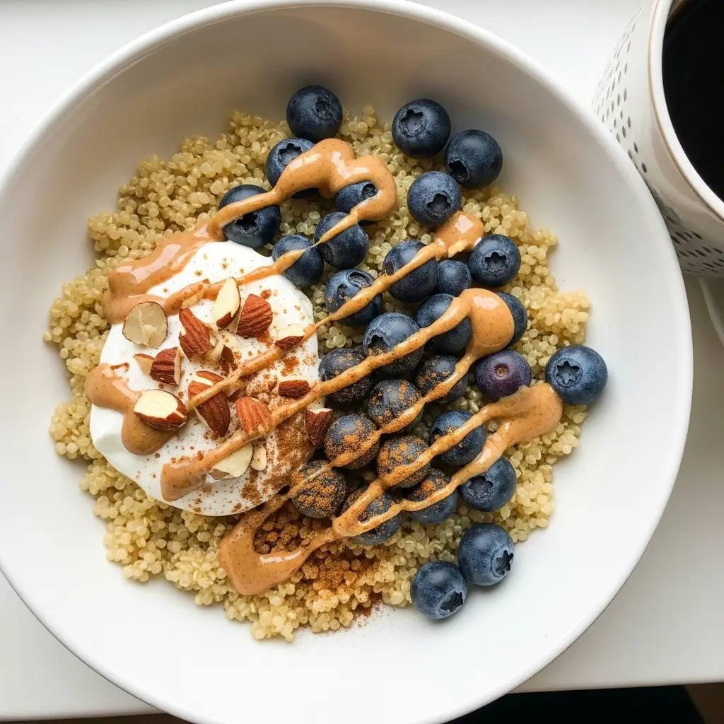 high protein blueberry quinoa breakfast bowl