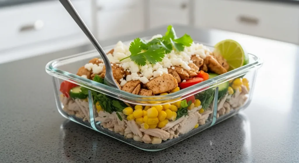 High-protein chicken street corn salad
